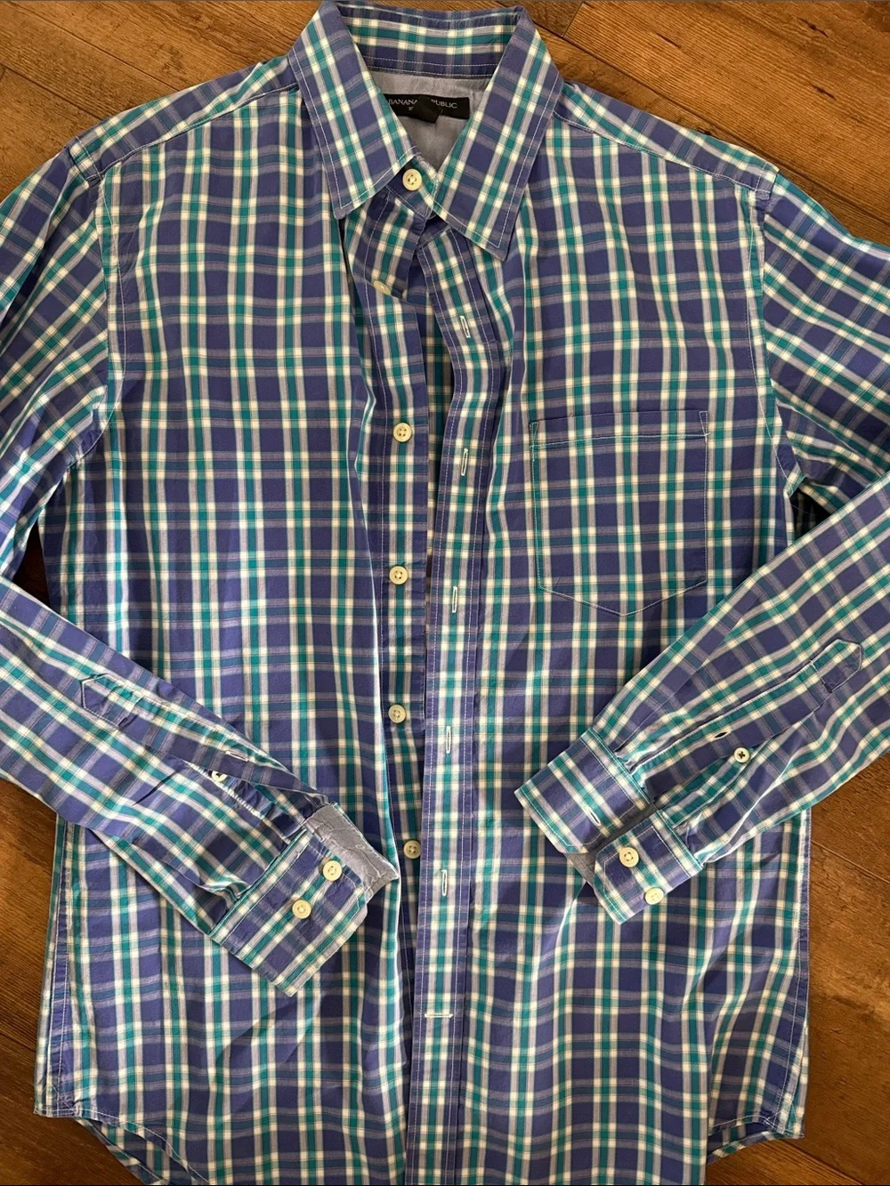 Banana Republic Blue, Green and White Plaid Button-Down Shirt
